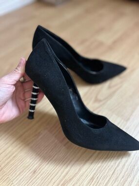 Jennifer Lopez Black Suede Pointed Toe Pumps with Embellished Spiral Heel